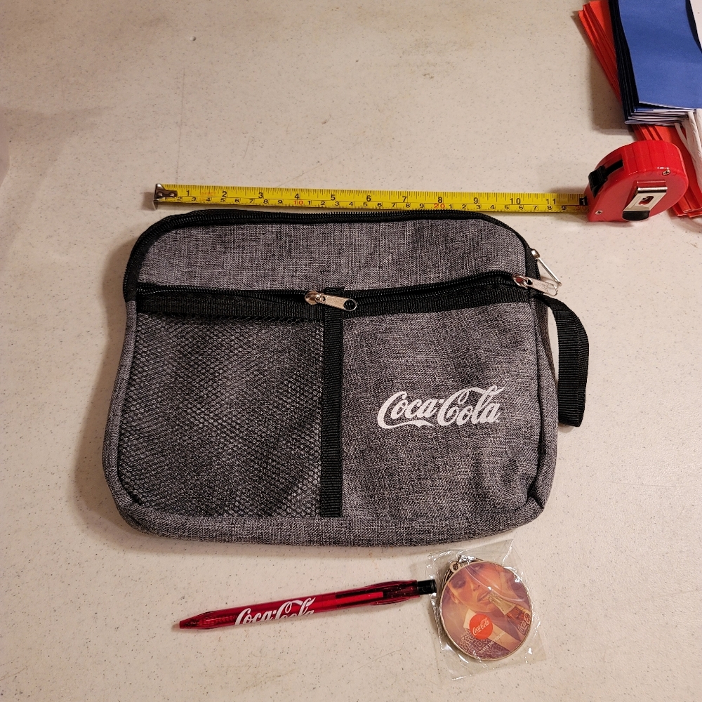 11" COCA COLA SMALL WRIST STRAP BAG WITH RETRACTABLE PEN AND COCA COLA KEY CHAIN